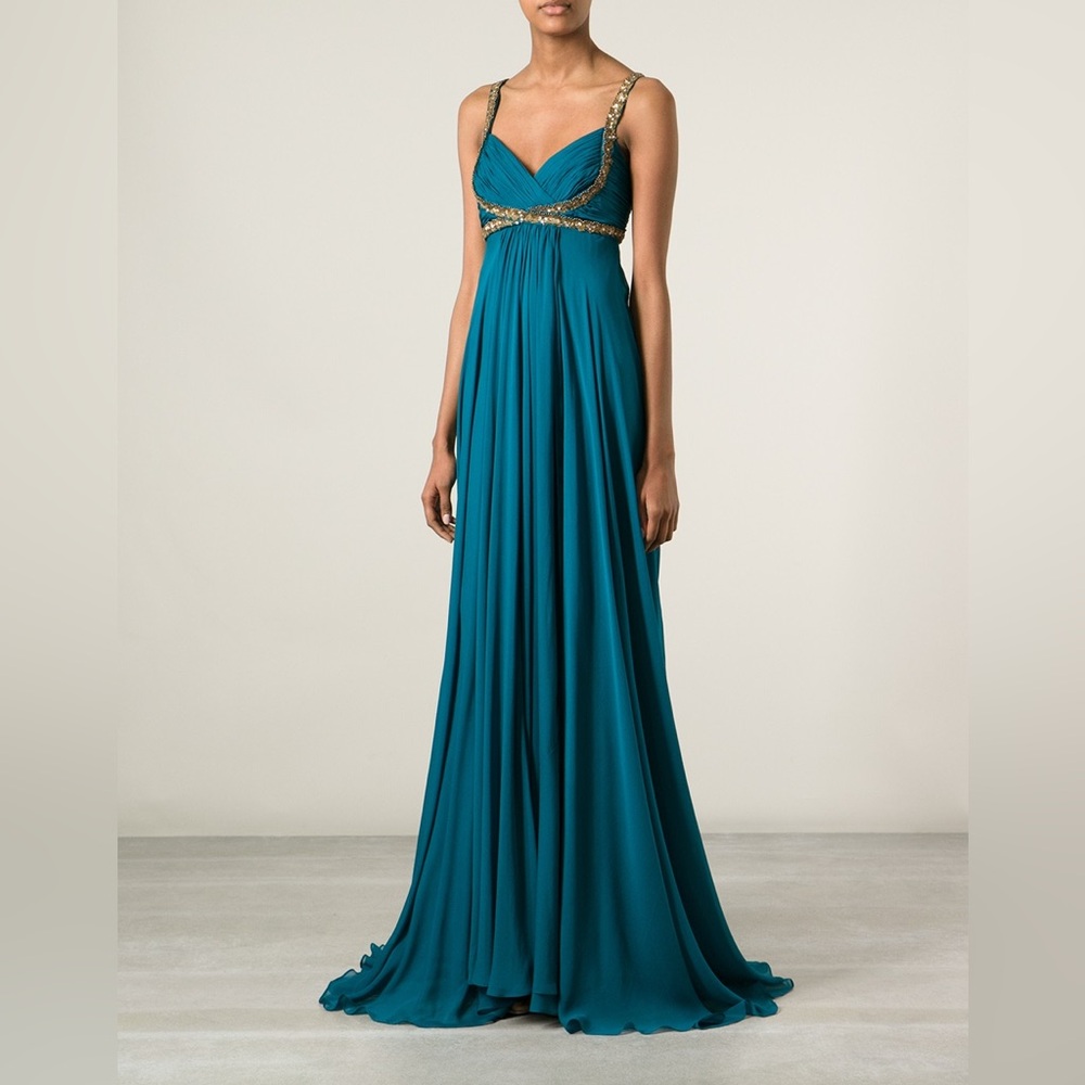 Marchesa‎ Notte Silk Elegant Teal and Gold Maxi Dress
